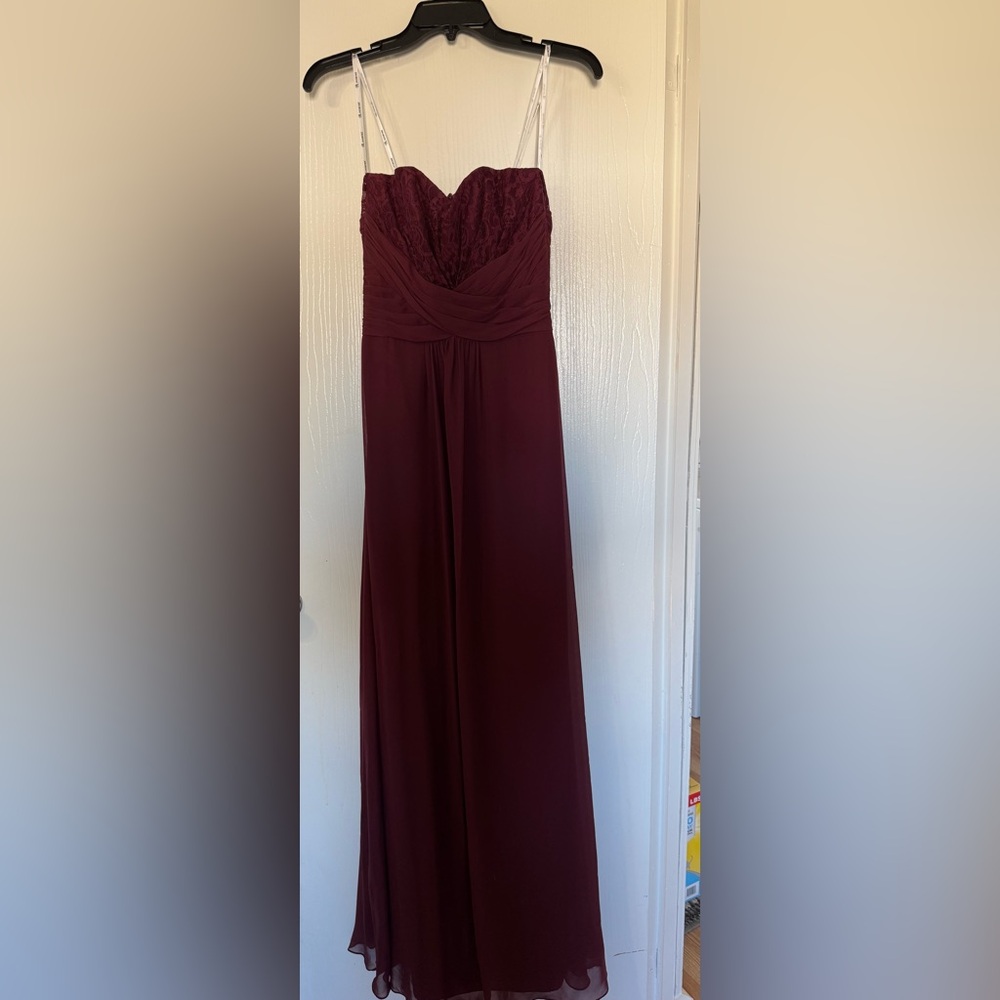 Floor length burgundy chiffon/lace dress. New with tags.